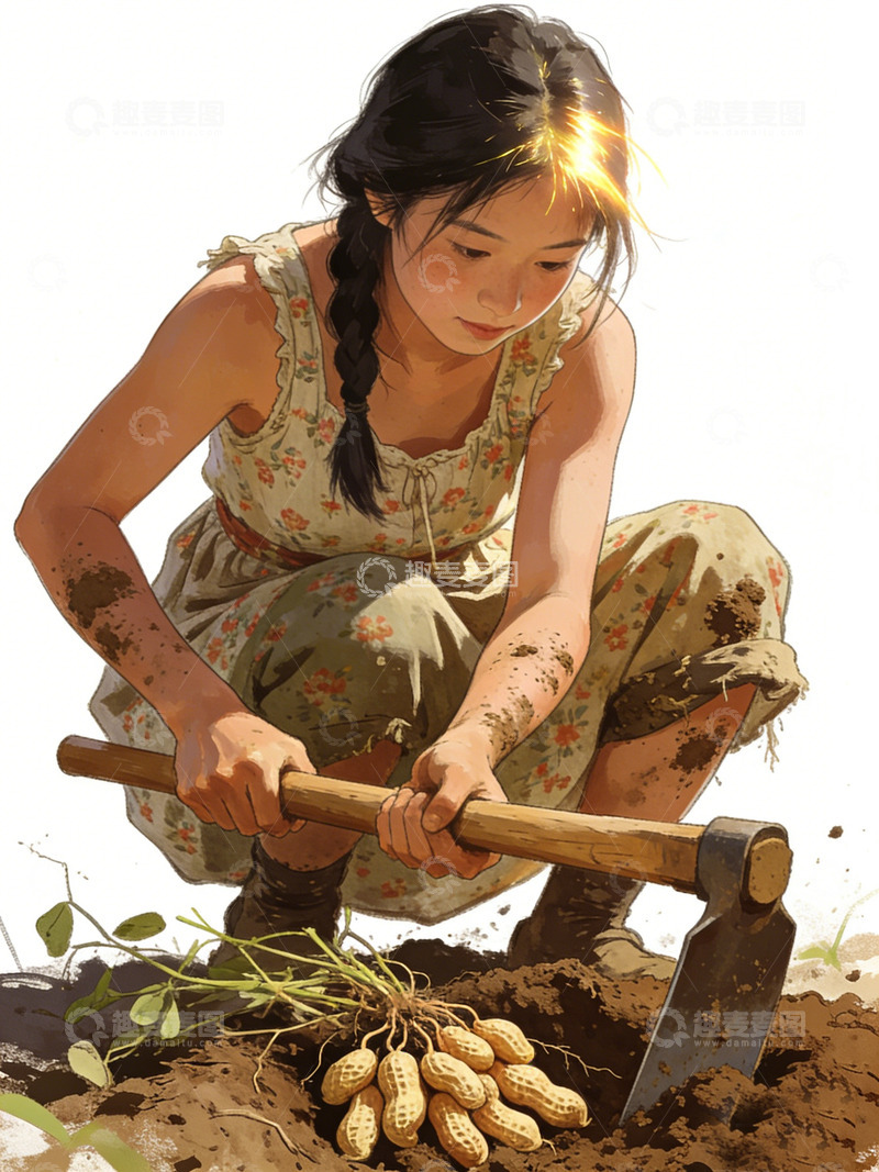 高清大图下载【趣麦麦图】田园风农妇挖花生插画