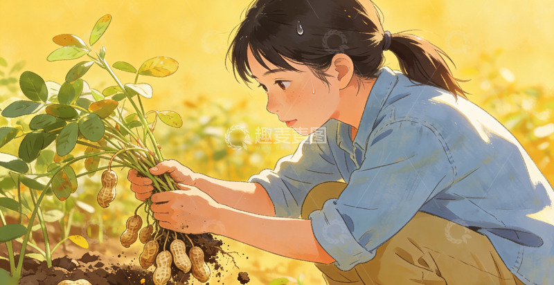 高清大图下载【趣麦麦图】田园风女孩摘花生插画素材