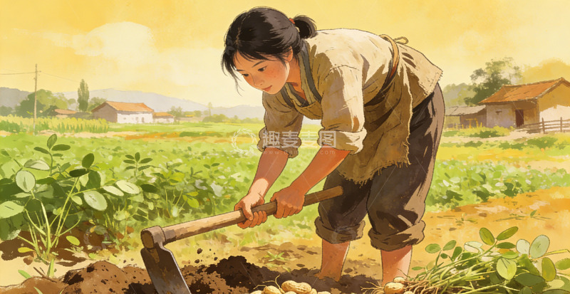 高清大图下载【趣麦麦图】田园劳作拔花生少女插画素材