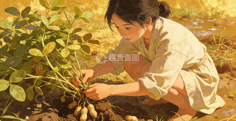 高清大图下载【趣麦麦图】田园风少女摘花生插画