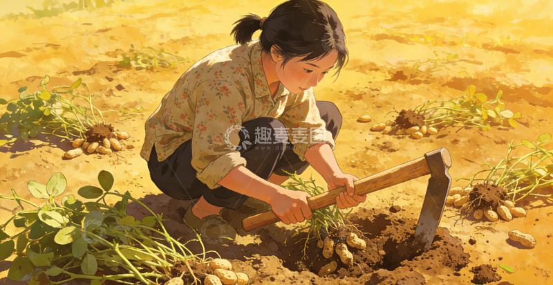 高清大图下载【趣麦麦图】田园耕作女子拔花生插画