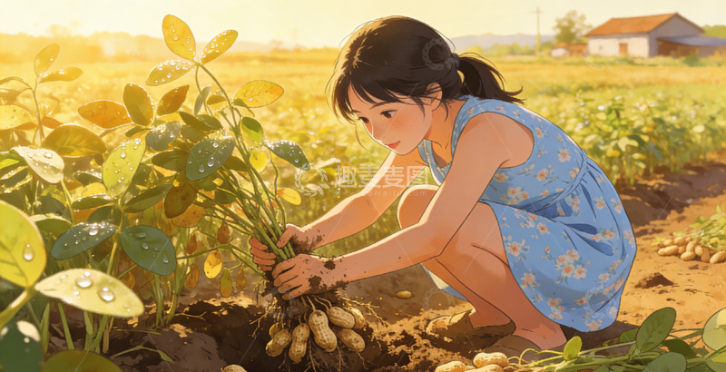 高清大图下载【趣麦麦图】田园风光少女采摘花生插画