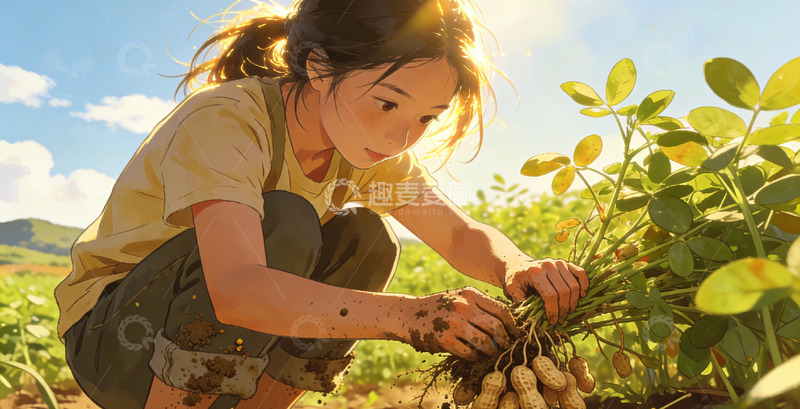 高清大图下载【趣麦麦图】田园风少女采摘花生插画素材