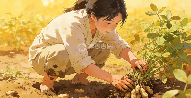 高清大图下载【趣麦麦图】田园风光少女拔花生劳作插画