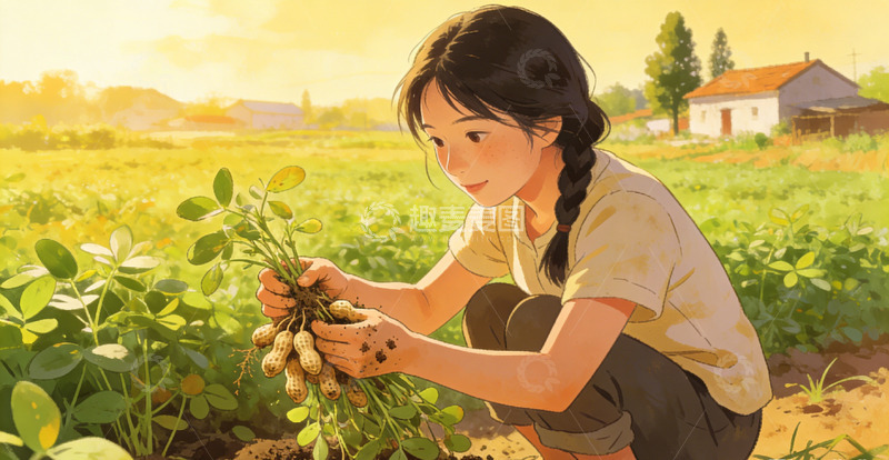 高清大图下载【趣麦麦图】田园风少女采花生插画场景