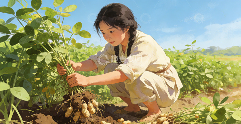 高清大图下载【趣麦麦图】田园风少女采摘花生插画素材