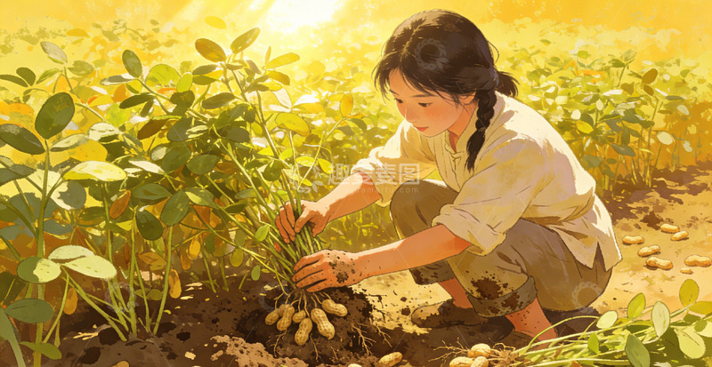 高清大图下载【趣麦麦图】田园风少女耕作拔花生插画