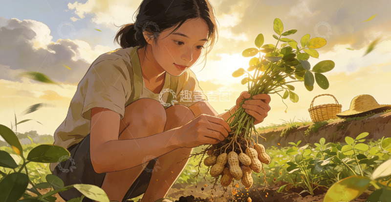 高清大图下载【趣麦麦图】田园风光女子摘花生插画素材