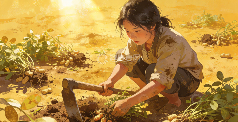 高清大图下载【趣麦麦图】田园耕作动漫风格拔花生插画素材