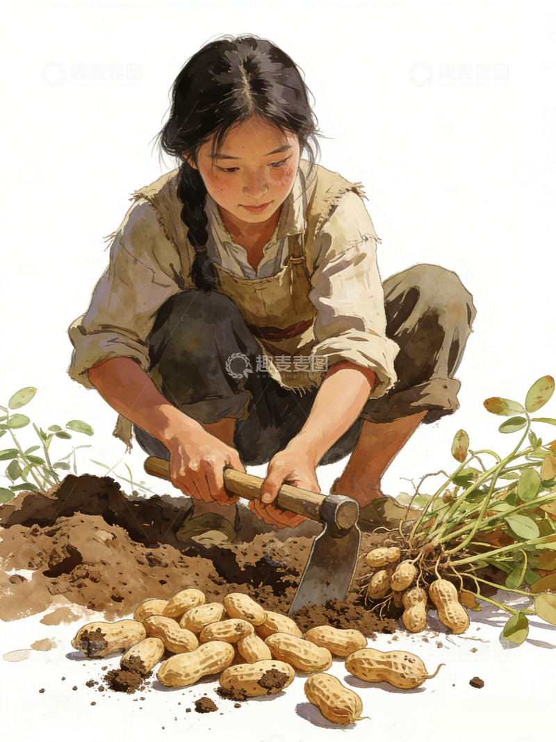 高清大图下载【趣麦麦图】田园风女孩挖花生插画素材