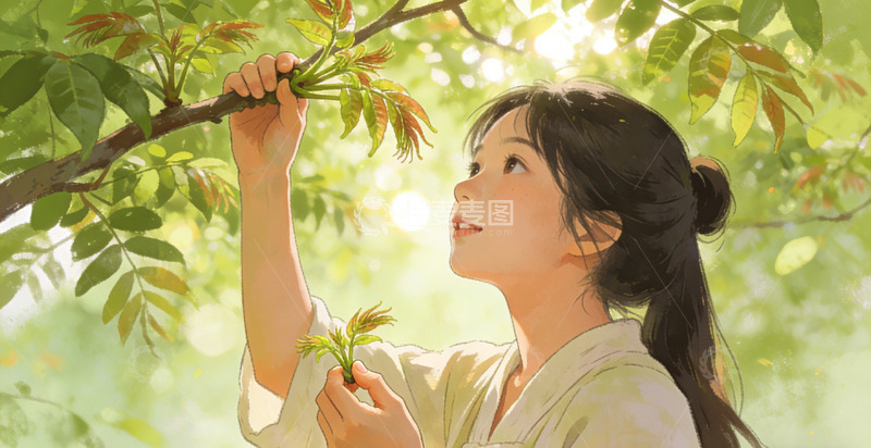 高清大图下载【趣麦麦图】春日少女树间摘香椿插画