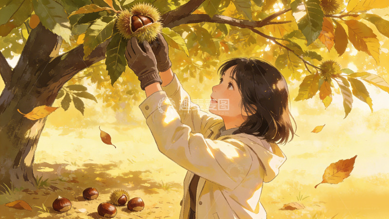 高清大图下载【趣麦麦图】秋日采摘栗子插画