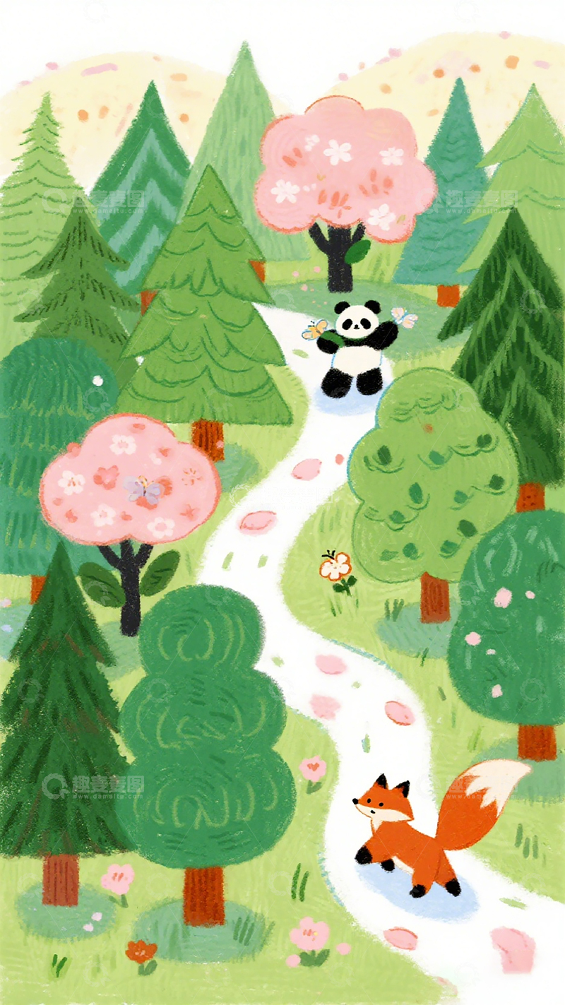 高清大图下载【趣麦麦图】卡通森林熊猫狐狸插画