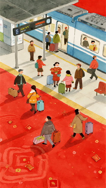 地铁站春节回家过年场景插画