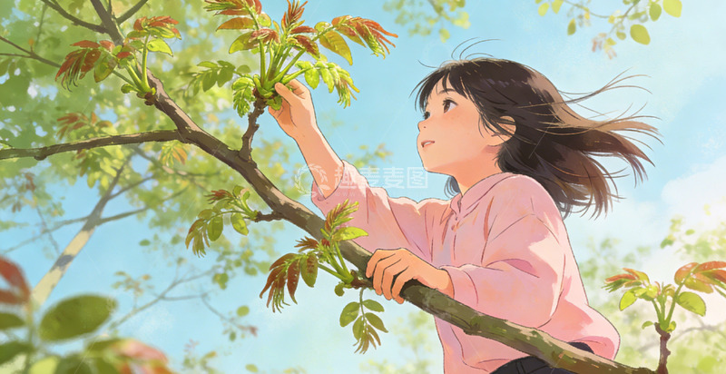高清大图下载【趣麦麦图】春日少女摘香椿触摸插画