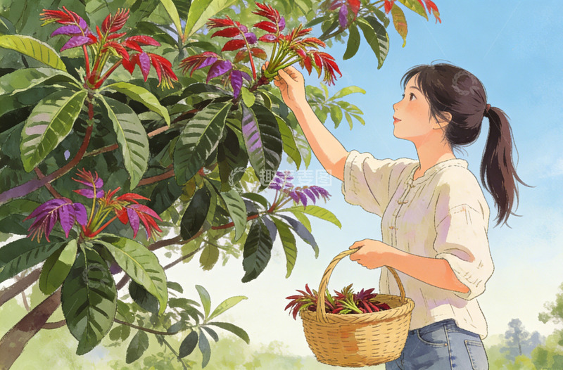 高清大图下载【趣麦麦图】田园风女子采摘香椿插画素材