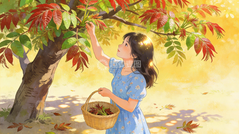 高清大图下载【趣麦麦图】秋日采摘女孩摘香椿插画