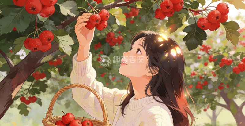 高清大图下载【趣麦麦图】田园风采摘山楂插画