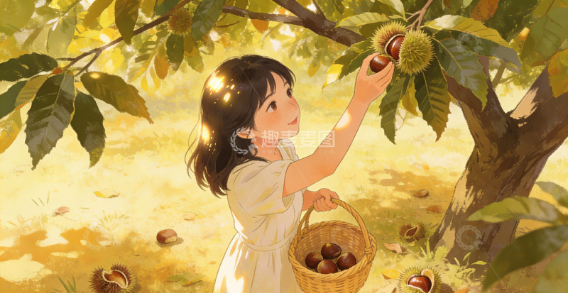 高清大图下载【趣麦麦图】秋日板栗采摘插画
