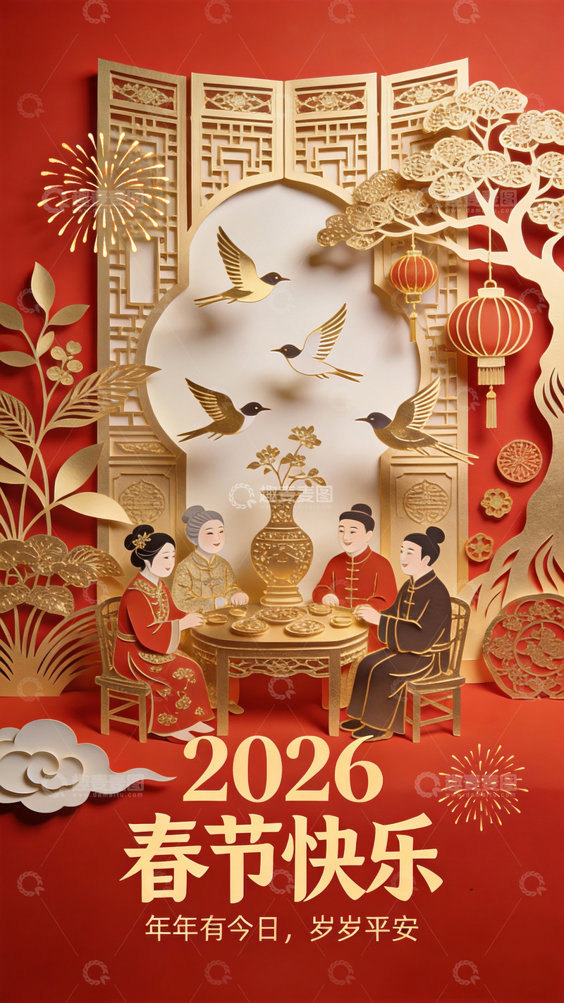 高清大图下载【趣麦麦图】2026春节喜庆剪纸风格海报