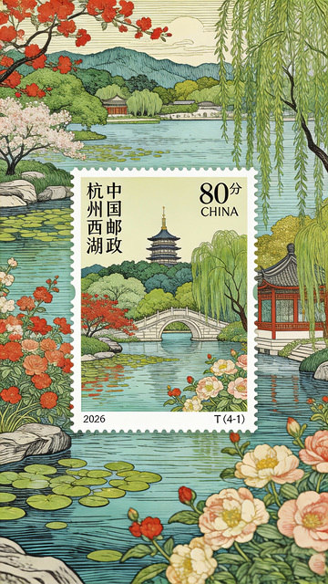 中国风杭州西湖邮票设计