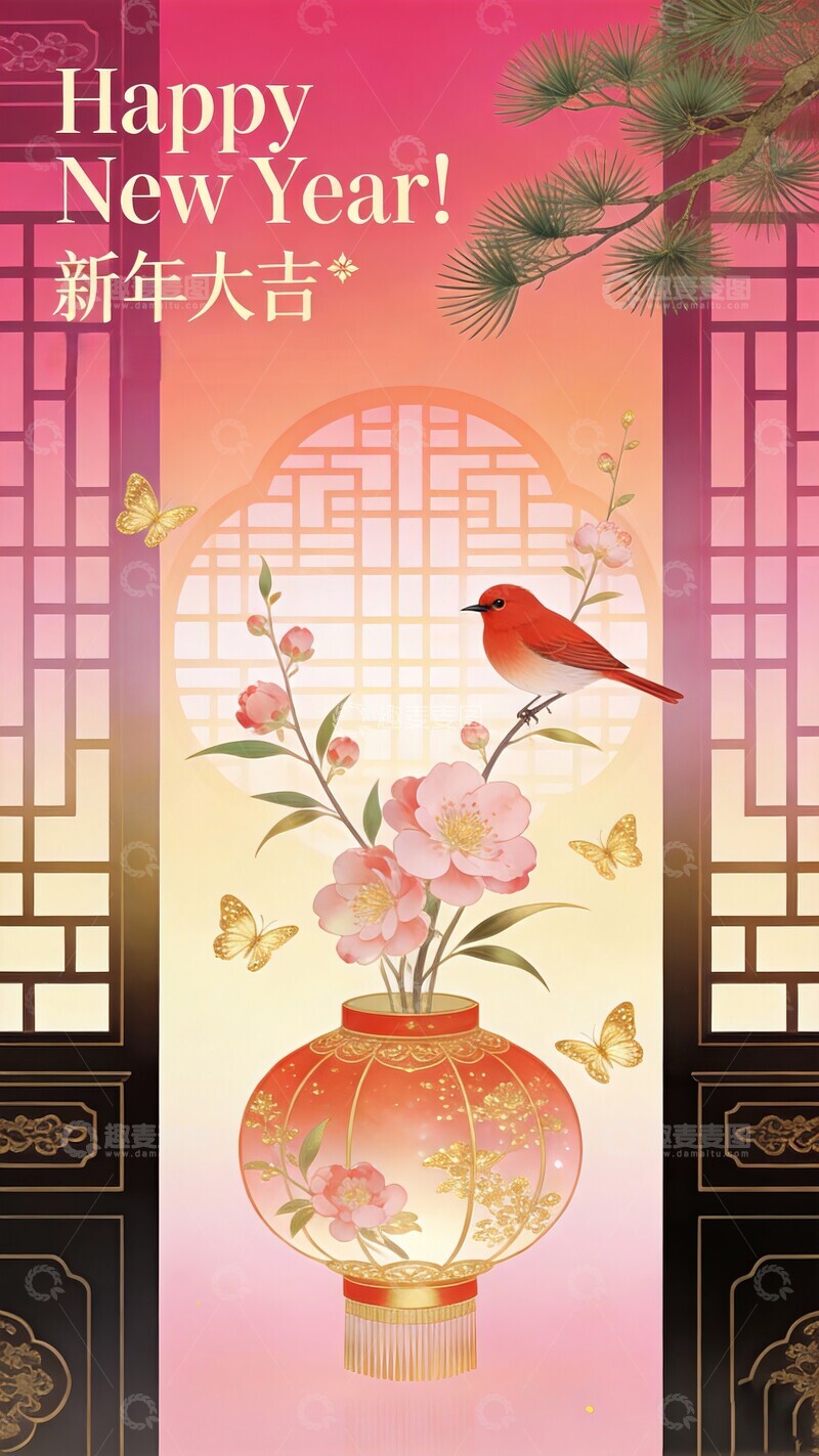 高清大图下载【趣麦麦图】新年喜庆花鸟灯笼插画
