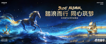马年春节科技航海年会活动背景板1