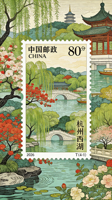 中国风杭州西湖邮票插画