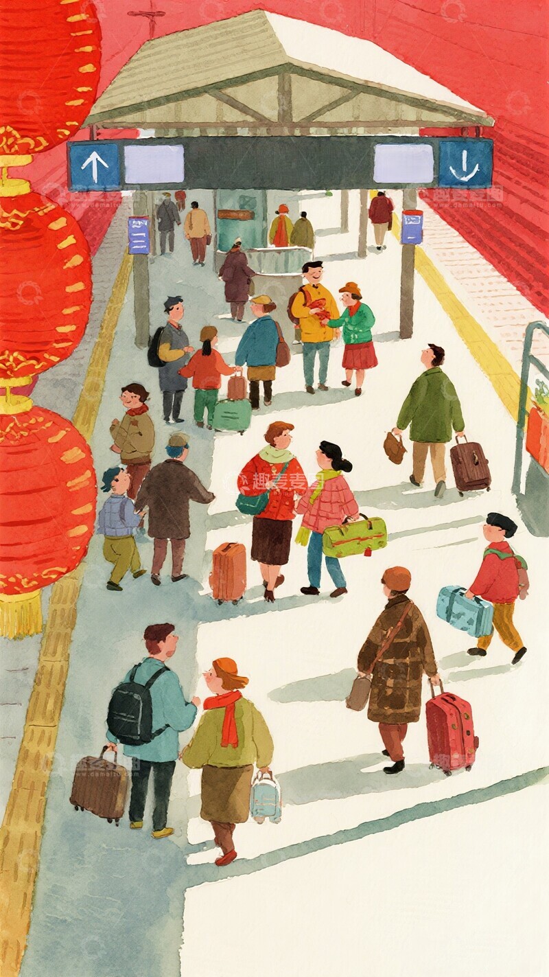 高清大图下载【趣麦麦图】春运车站繁忙场景插画