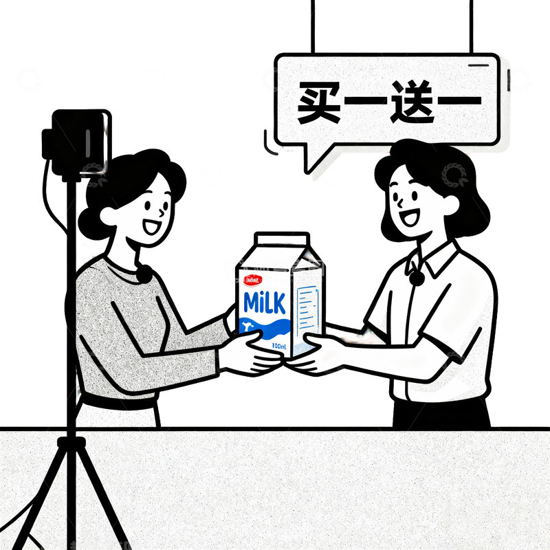 高清大图下载【趣麦麦图】直播促销牛奶买一送一插画