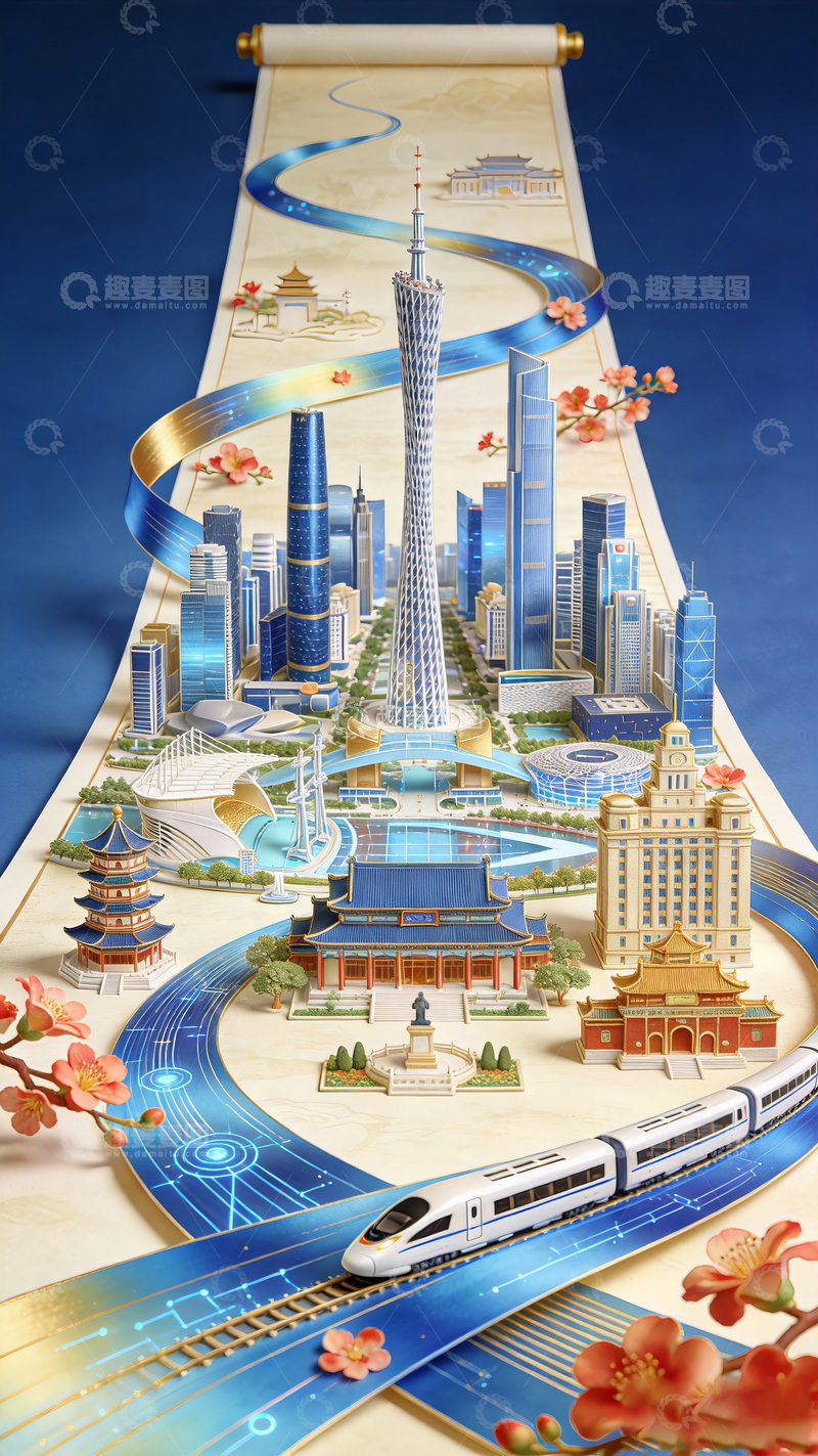 高清大图下载【趣麦麦图】未来城市高铁风光插画