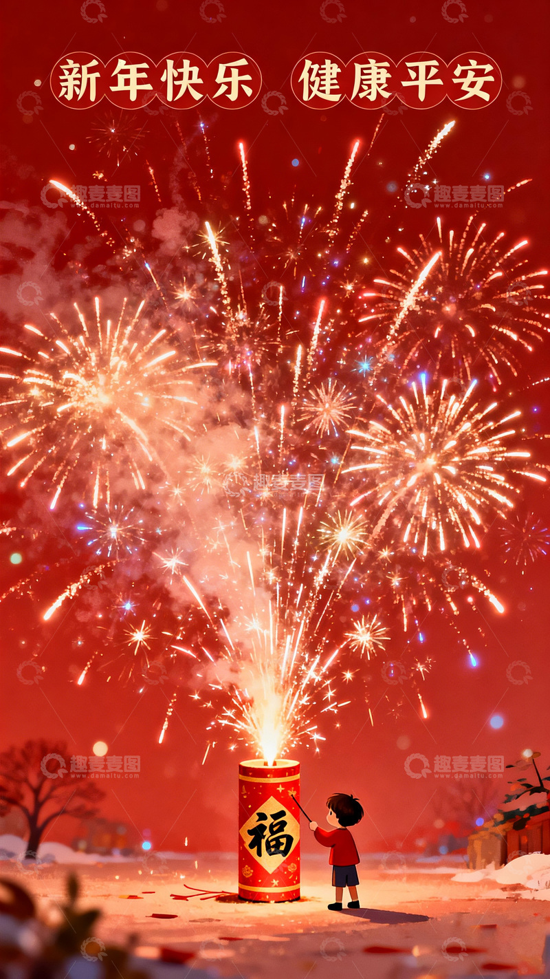 高清大图下载【趣麦麦图】新年烟火喜庆插画