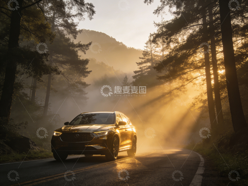 高清大图下载【趣麦麦图】晨雾林间SUV行驶美景