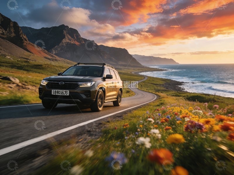 高清大图下载【趣麦麦图】公路旅行夕阳美景汽车宣传