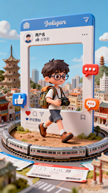 卡通旅行打卡创意插画