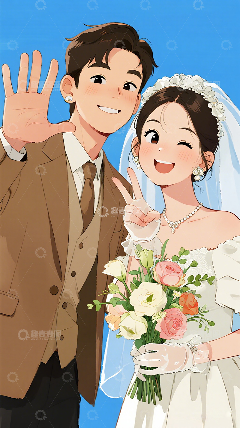高清大图下载【趣麦麦图】卡通婚礼新人插画