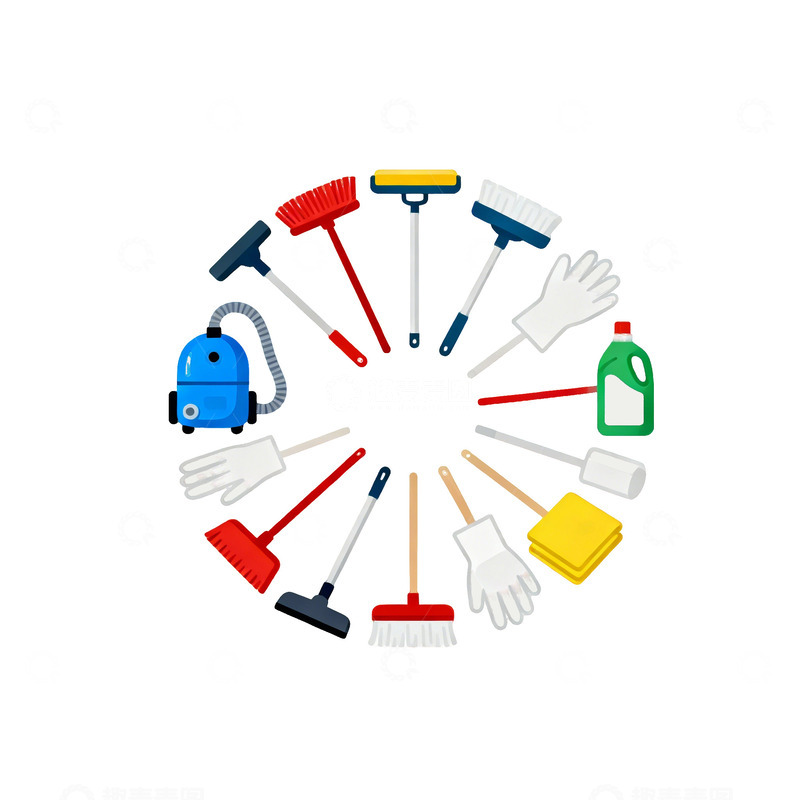 高清大图下载【趣麦麦图】圆形排列清洁工具插画