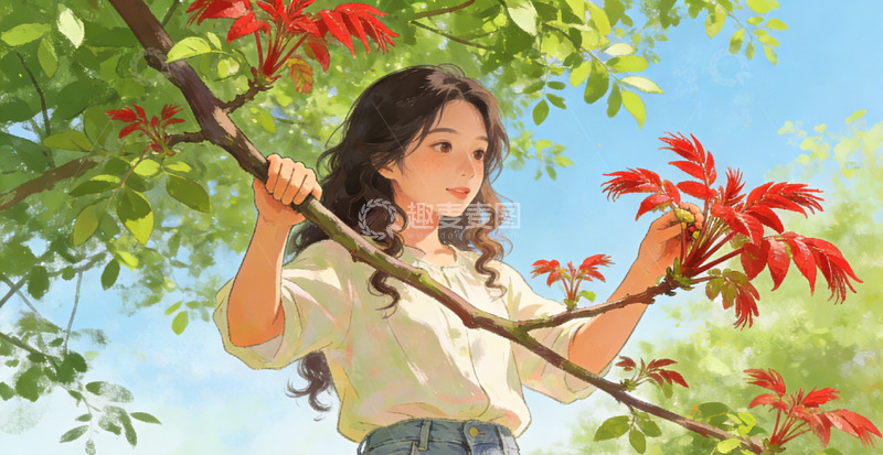 高清大图下载【趣麦麦图】春日少女插画摘香椿素材