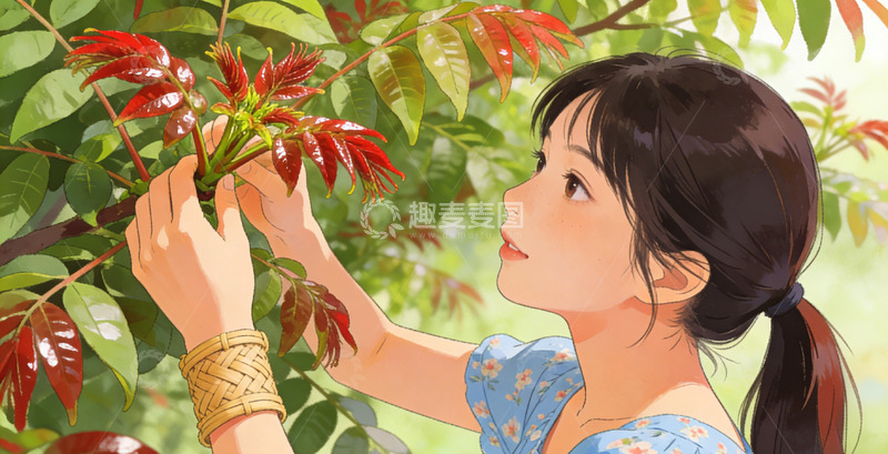 高清大图下载【趣麦麦图】插画风格少女摘香椿素材