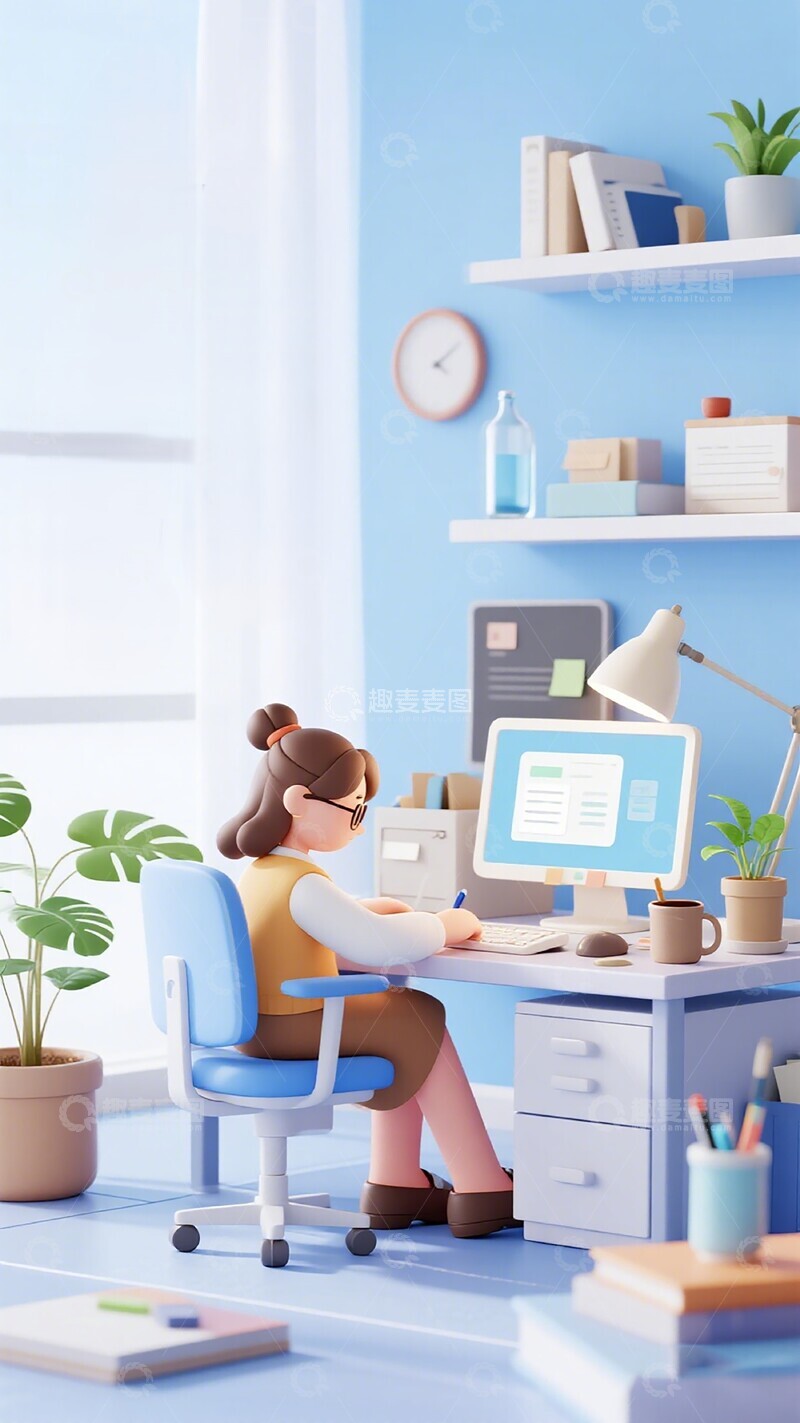 高清大图下载【趣麦麦图】清新办公室工作场景3D渲染图