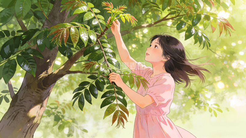 高清大图下载【趣麦麦图】夏日阳光下的树女孩摘香椿插画