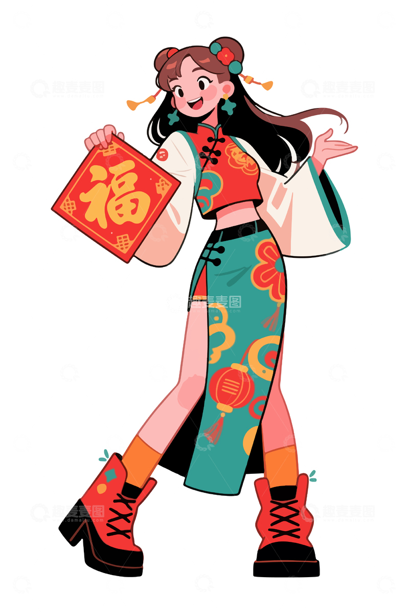 源文件下载【趣麦麦图】卡通新年喜庆女孩插画