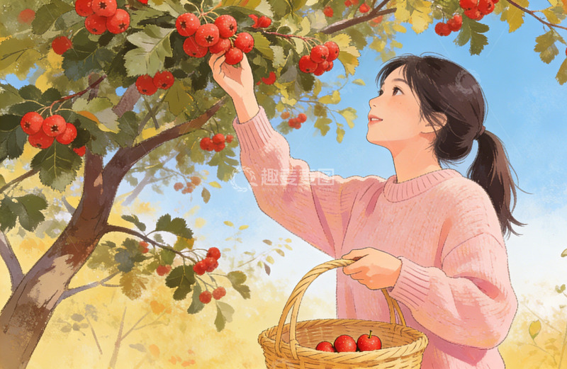 高清大图下载【趣麦麦图】秋日采摘山楂插画