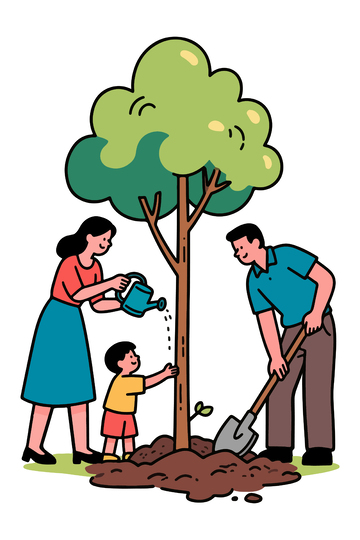 亲子植树卡通插画