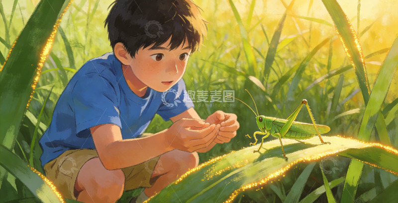 高清大图下载【趣麦麦图】童年童趣草地昆虫捉蝈蝈插画