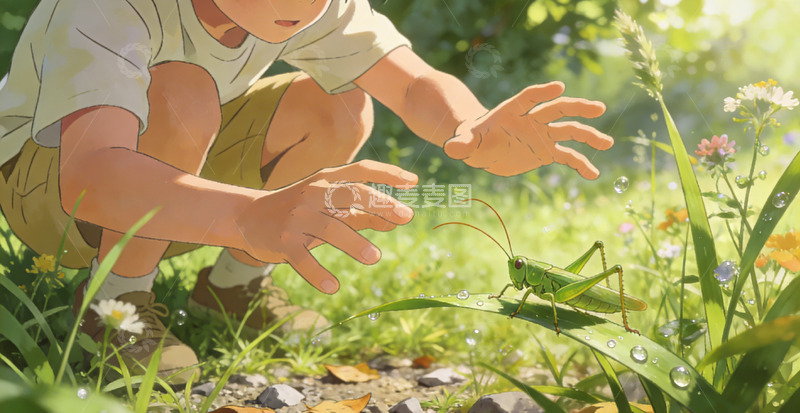 高清大图下载【趣麦麦图】阳光草地童趣捉蝈蝈插画