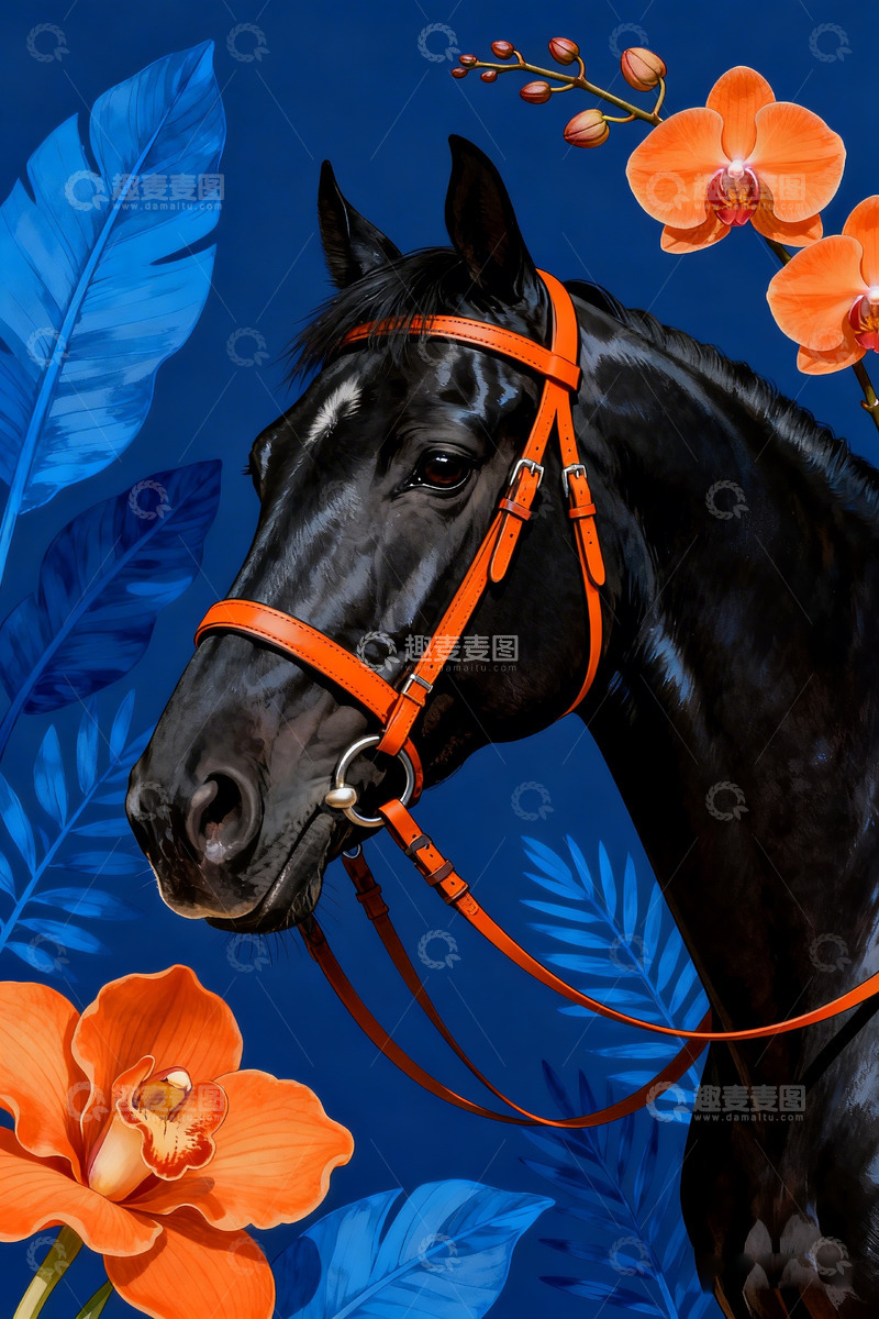 高清大图下载【趣麦麦图】黑色油亮马插画