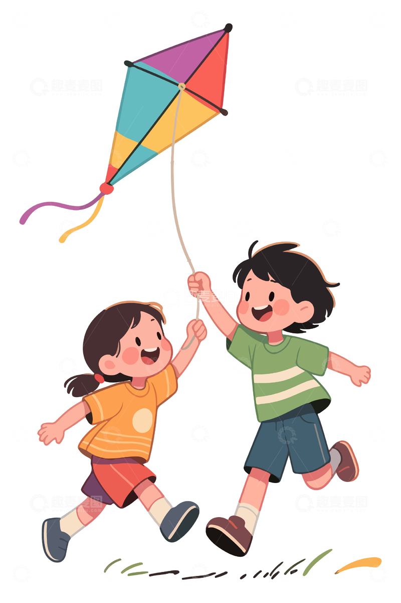 源文件下载【趣麦麦图】-欢乐儿童放风筝插画