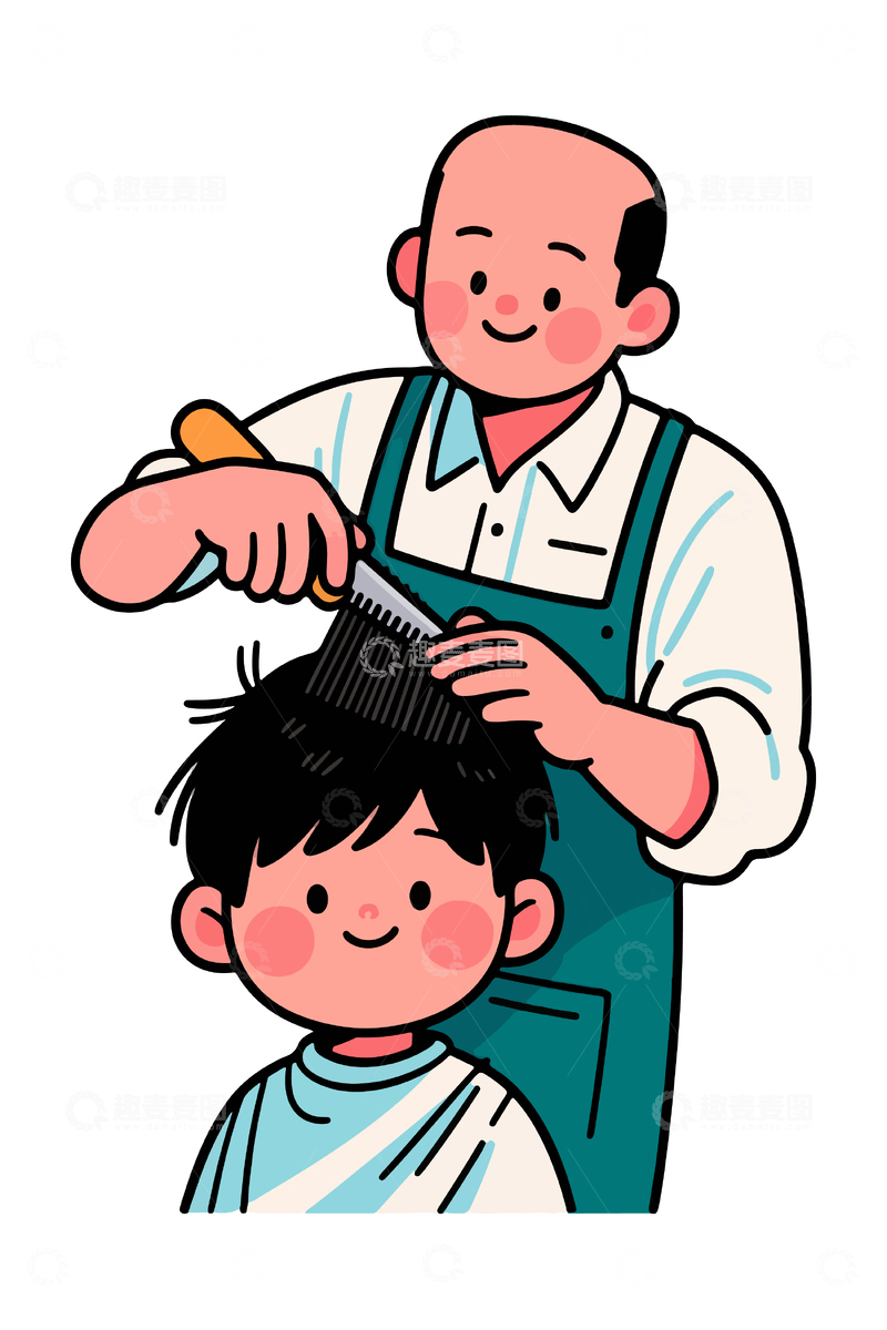 源文件下载【趣麦麦图】理发师给小男孩剪发卡通插画