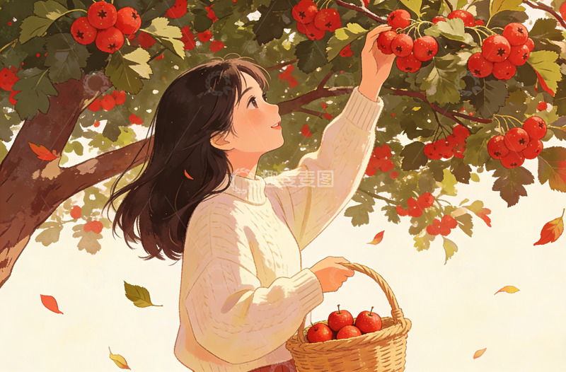 高清大图下载【趣麦麦图】秋日采摘苹果插画素材